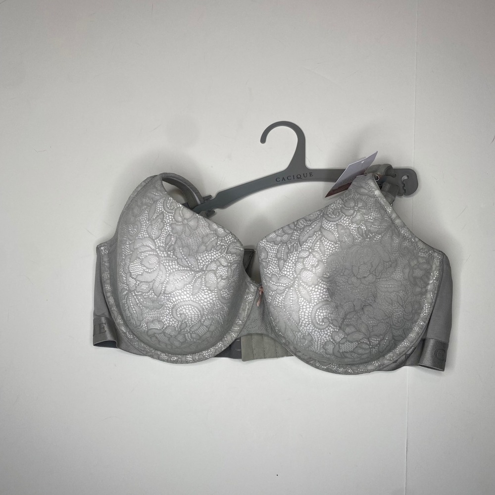 Cacique Cotton Collection Lightly Lined T-Shirt Bra 44D Light Grey Lace